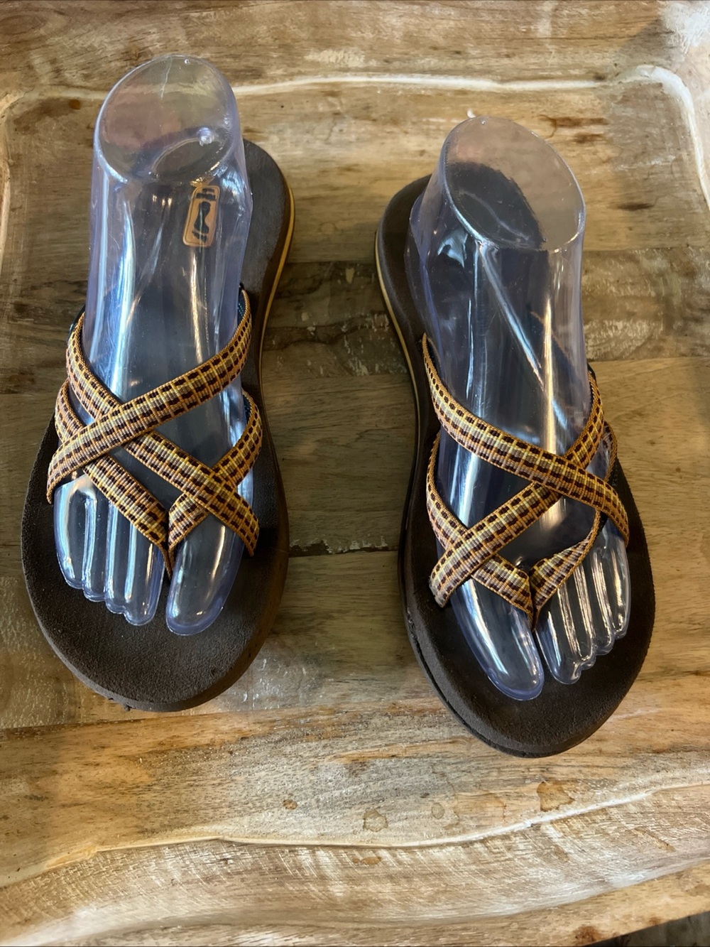 Teva Brown Sandals with Yellow Patterned Crisscross Straps